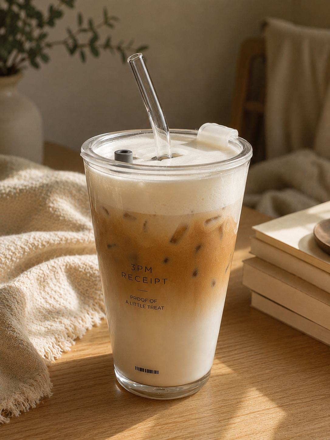 Iced latte in a 3PM Receipt glass tumbler