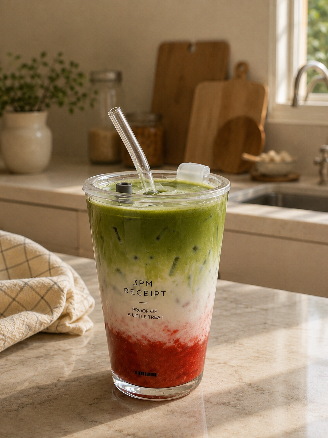 Strawberry matcha in a 3PM Receipt glass tumbler