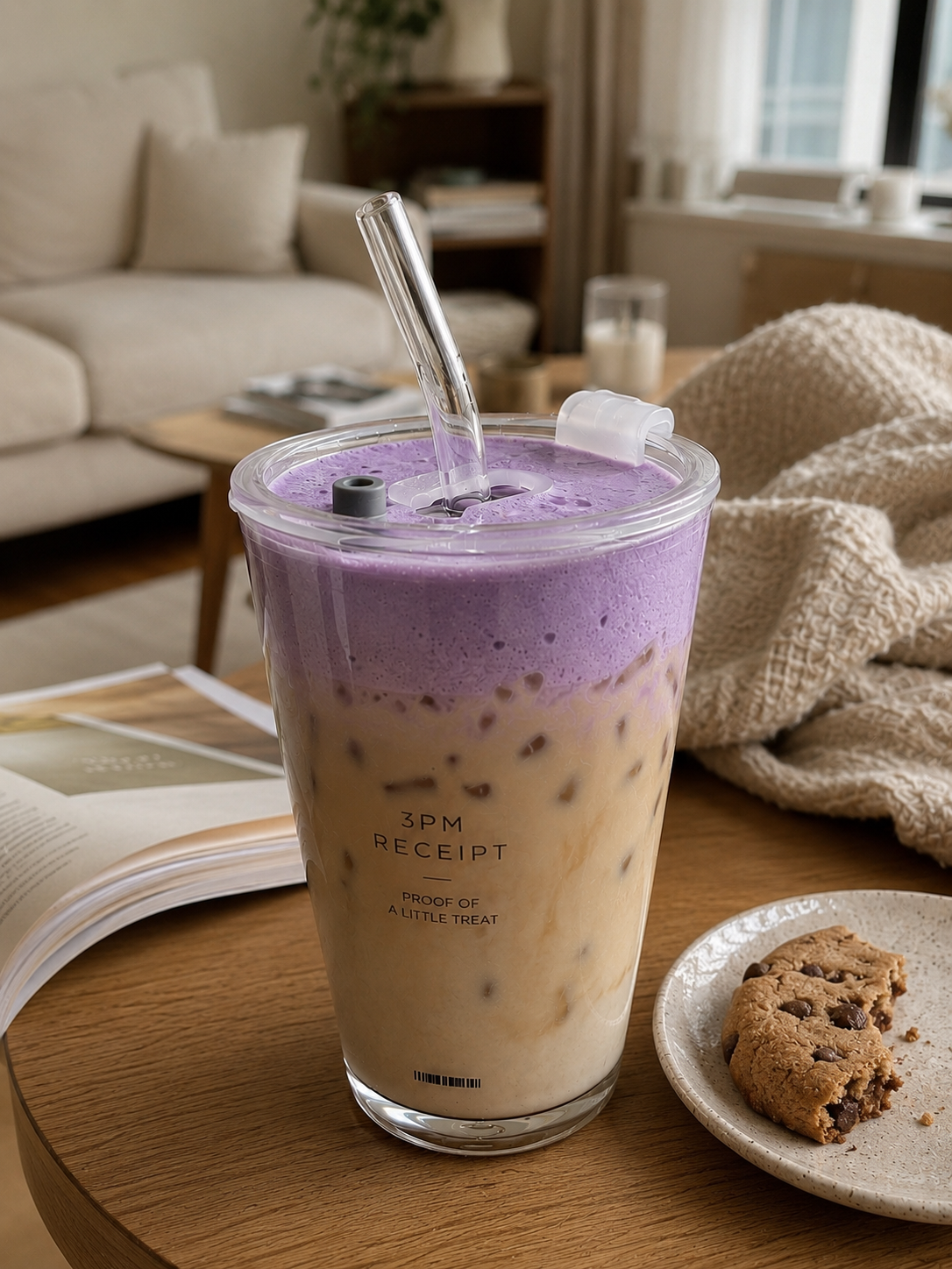 Ube cloud coffee in a 3PM Receipt glass tumbler